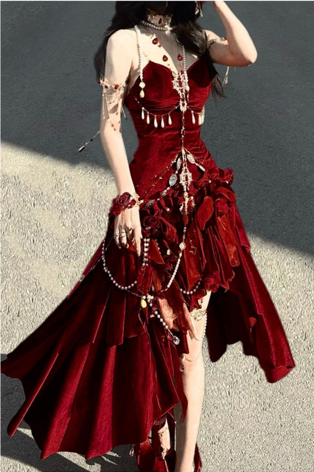 Blue/Burgundy Gorgeous Elegant Delicate Beaded Spaghetti Strap Long Ruffled Velvet Ball Gown Evening Gown Party Dress