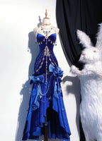 Blue/Burgundy Gorgeous Elegant Delicate Beaded Spaghetti Strap Long Ruffled Velvet Ball Gown Evening Gown Party Dress