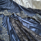 Blue Gorgeous Exquisite Applique Lace Spaghetti Straps Long Satin Prom Dresses Prom Dresses Prom Dresses