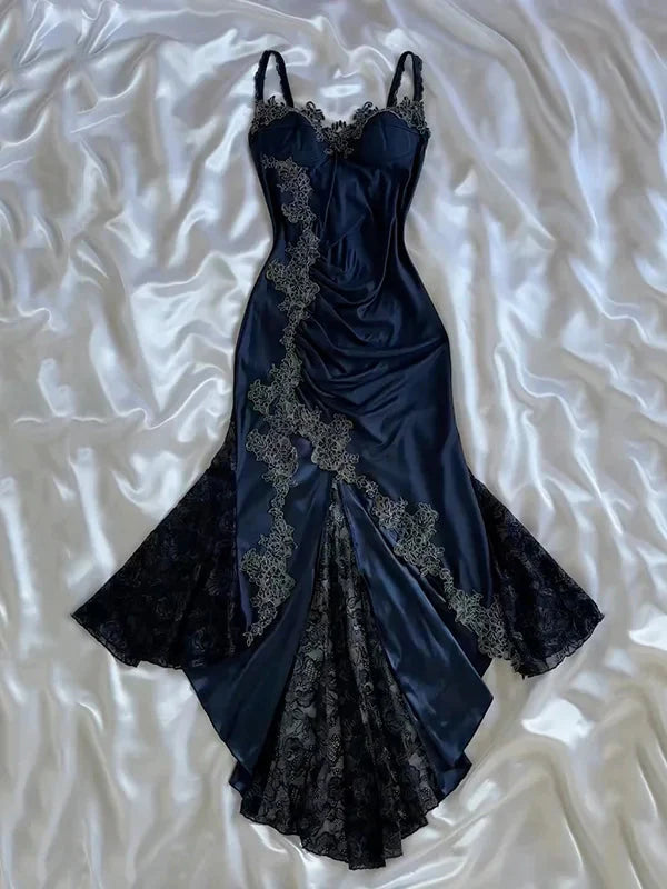 Blue Gorgeous Exquisite Applique Lace Spaghetti Straps Long Satin Prom Dresses Prom Dresses Prom Dresses Main image