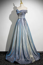 Blue Gradient A-Line Floor Length Prom Dress, Blue Off The Shoulder Evening Party Dress