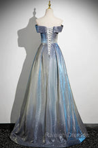 Blue Gradient A-Line Floor Length Prom Dress, Blue Off The Shoulder Evening Party Dress