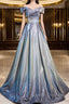 Blue Gradient A-Line Floor Length Prom Dress, Blue Off The Shoulder Evening Party Dress
