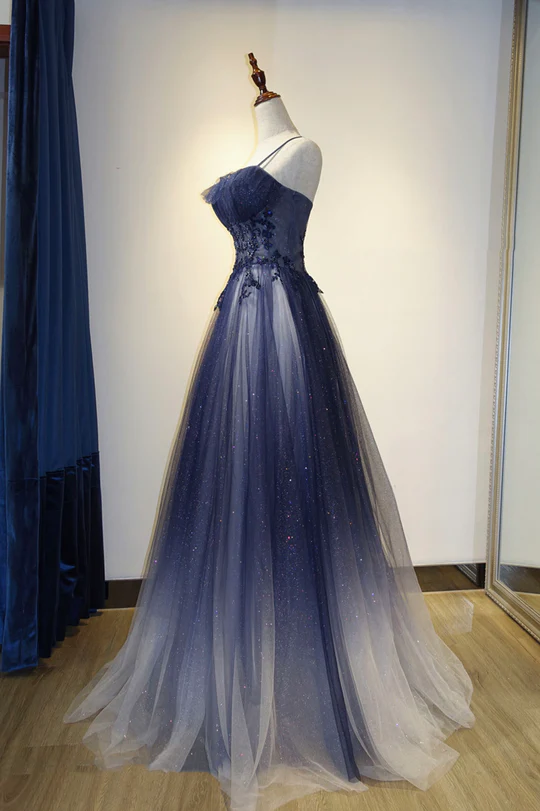 Blue Gradient A-Line Tulle Long Prom Dresses Floor Length Prom Dresses