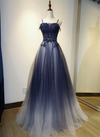 Blue Gradient A-Line Tulle Long Prom Dresses Floor Length Prom Dresses