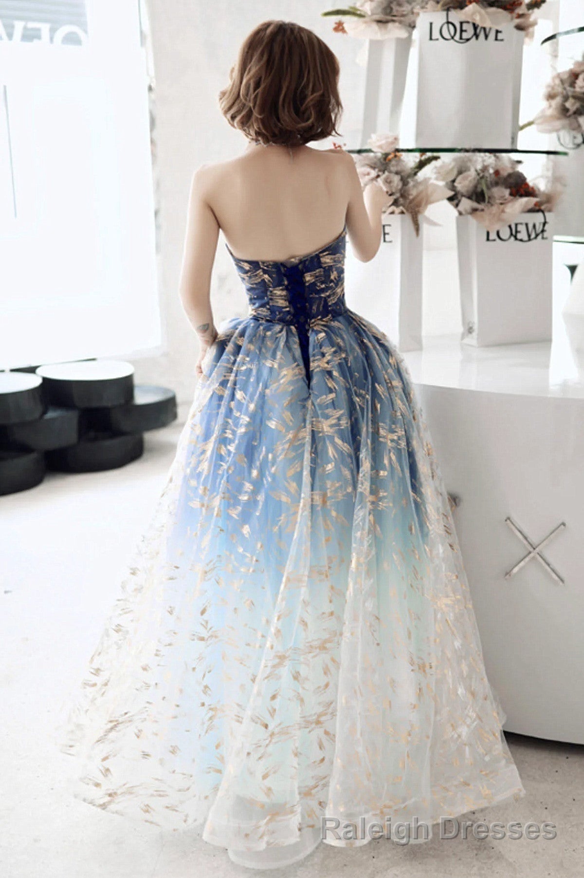 Blue Gradient Beaded A-line Floor Length Party Dress, Blue Tulle Prom Dress