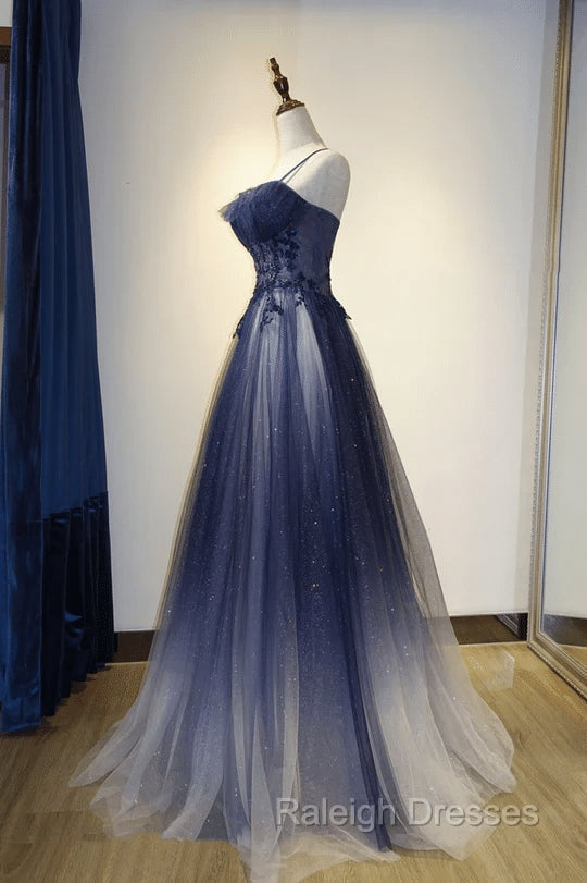 Blue Gradient Straps Tulle Long Party Dress with Lace Blue Junior Prom Dress prom dresses shops Secondary image