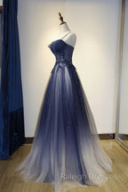 Blue Gradient Straps Tulle Long Party Dress with Lace Blue Junior Prom Dress prom dresses shops