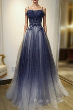 Blue Gradient Straps Tulle Long Party Dress with Lace Blue Junior Prom Dress prom dresses shops