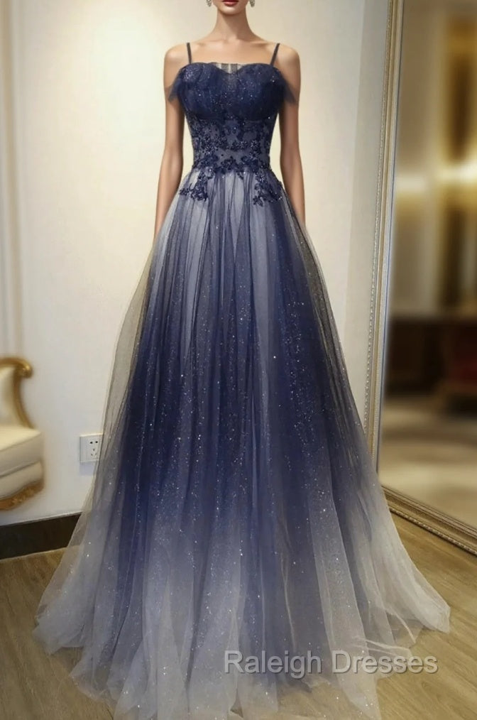 Blue Gradient Straps Tulle Long Prom Dress with Lace Blue Junior Prom Dress shops Main image