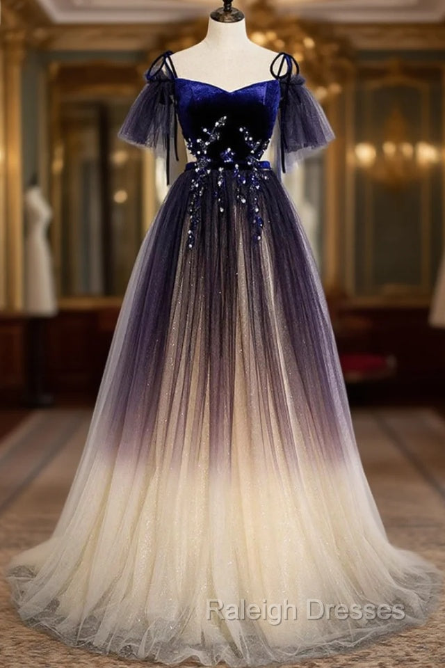 Blue Gradient Tulle Long Formal Dress, Off the Shoulder Evening Graduation Dress Main image