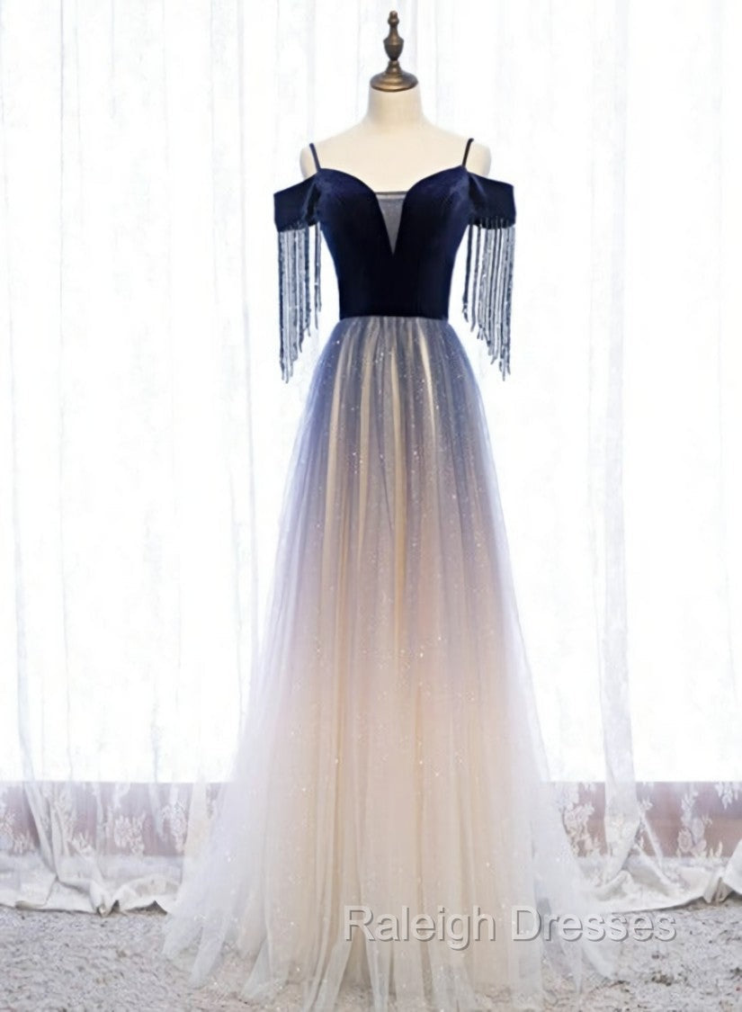 Blue Gradient Tulle Long Party Dresses,A-line Off Shoulder Formal Dresses Main image