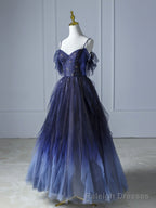 Blue Gradient Tulle Long Prom Dress,Beautiful Spaghetti Strap Celebrity Dresses