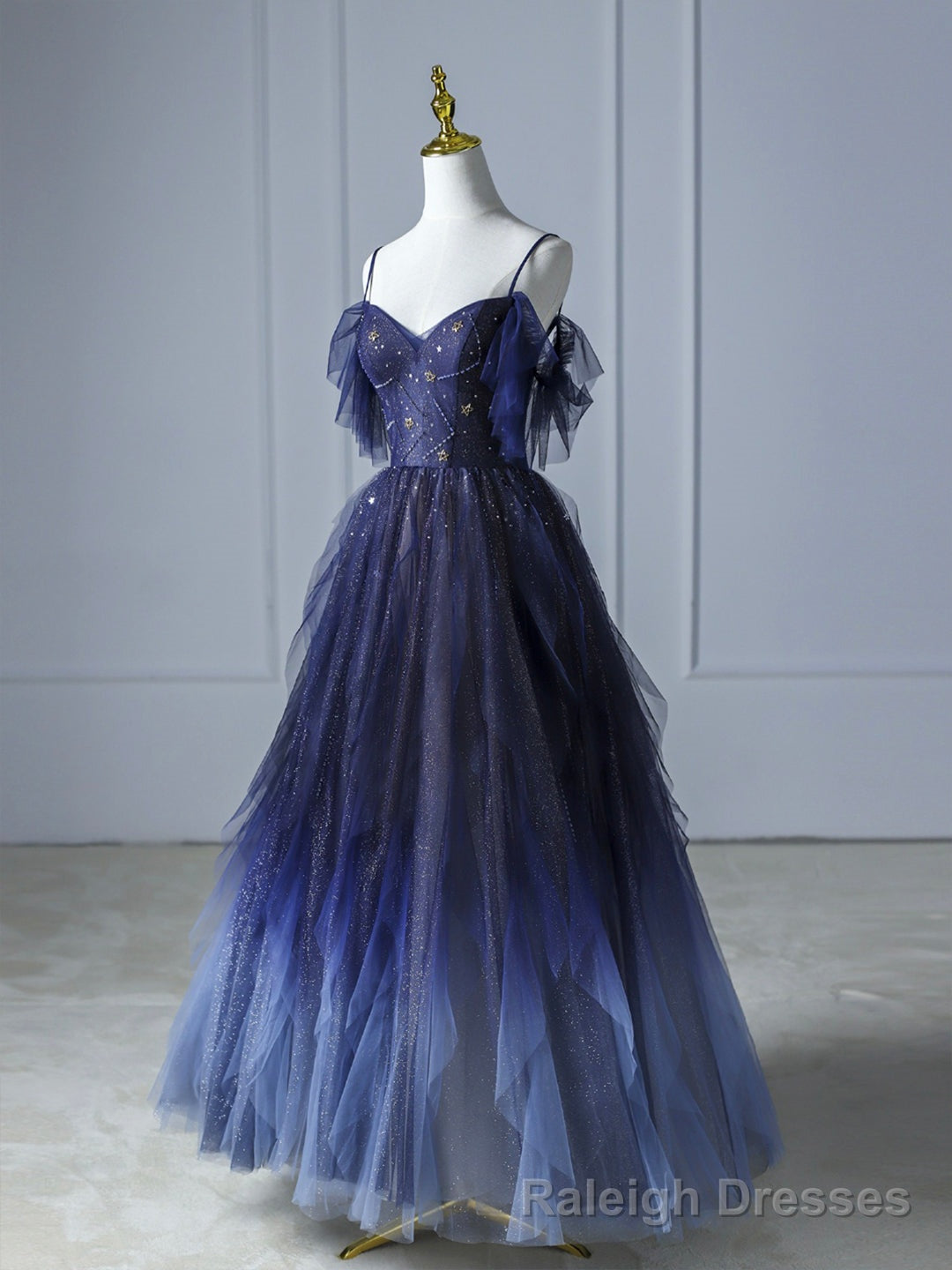 Blue Gradient Tulle Long Prom Dress,Beautiful Spaghetti Strap Celebrity Dresses