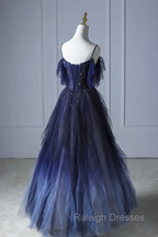 Blue Gradient Tulle Long Prom Dress, Spaghetti Strap Evening Dress