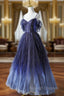 Blue Gradient Tulle Long Prom Dress, Spaghetti Strap Evening Dress