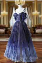 Blue Gradient Tulle Long Prom Dresses Spaghetti Strap Prom Dresses