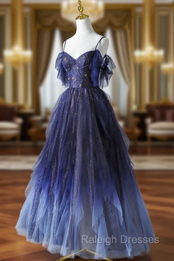 Blue Gradient Tulle Long Prom Dresses Spaghetti Strap Prom Dresses