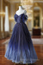 Blue Gradient Tulle Strapls Beading Prom Dresses