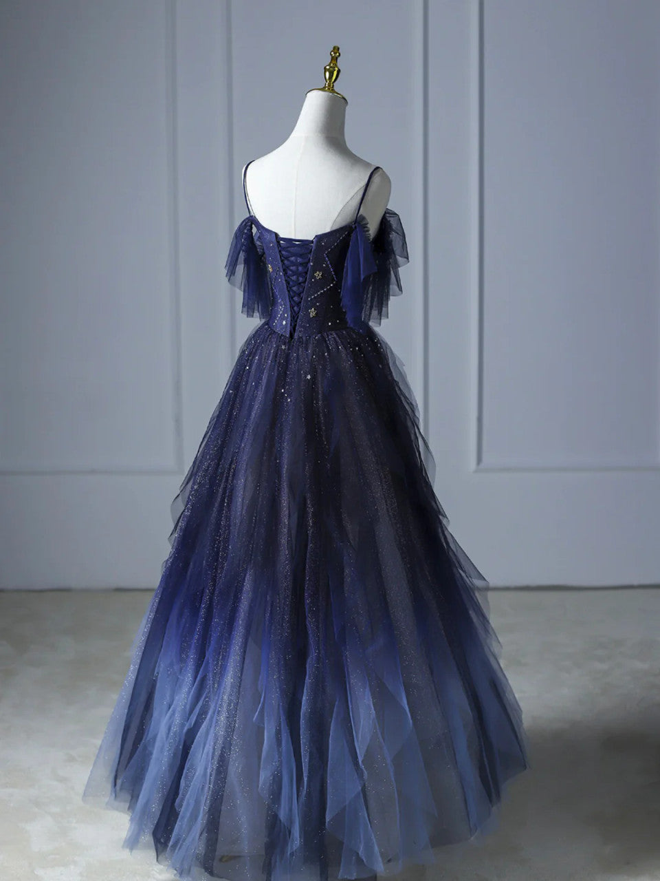 Blue Gradient Tulle Straps Beading Formal Prom Dress