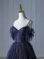 Blue Gradient Tulle Straps Beading Formal Prom Dress