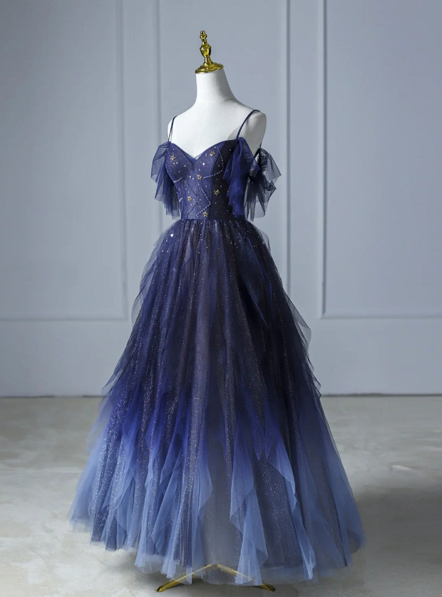 Blue Gradient Tulle Straps Beading Formal Prom Dress Main image