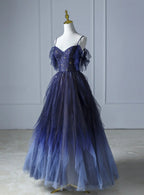 Blue Gradient Tulle Straps Beading Formal Prom Dress