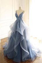 Blue Gray Lace V Neck Long Ruffles Prom Dresses Organza Prom Dresses