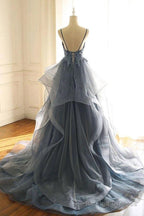 Blue Gray Lace V Neck Long Ruffles Prom Dress Organza Evening Dress