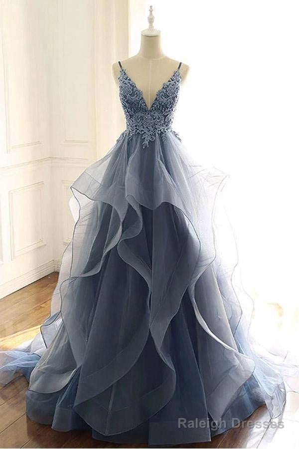 Blue Gray Lace V Neck Long Ruffles Prom Dress Organza Evening Dress