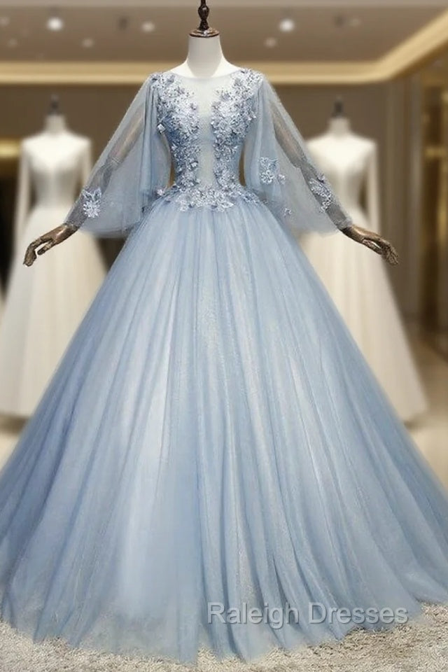 Blue Gray Tulle Flaying Sleeve Appliques Quinceanera Dress Main image