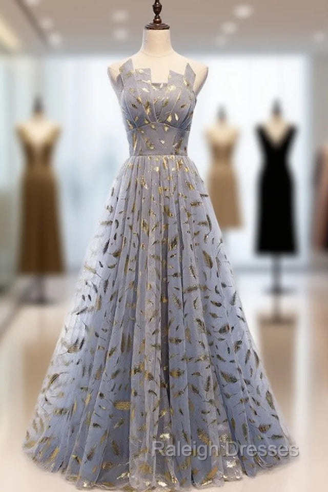 Blue Gray Tulle Gold Feather Strapless Prom Dress