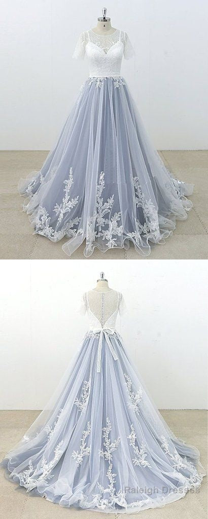 Blue Gray Tulle Ivory Lace Short Sleeve Beach Wedding Dress, Long Pageant Prom Dress Main image