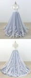 Blue Gray Tulle Ivory Lace Short Sleeve Beach Wedding Dress, Long Pageant Prom Dress