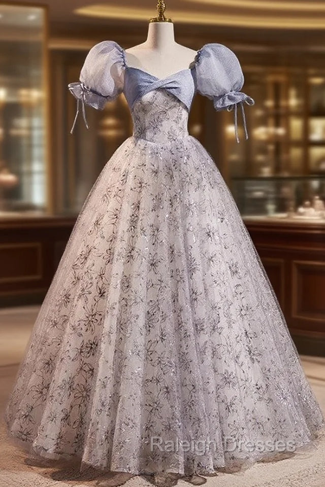 Blue Gray Tulle Sequins Puff Sleeve Prom Dress