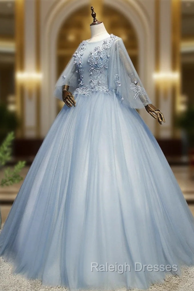 Blue-Grey Ball Gown Tulle Sweet 16 Dresses with Lace Long Prom Dresses Main image