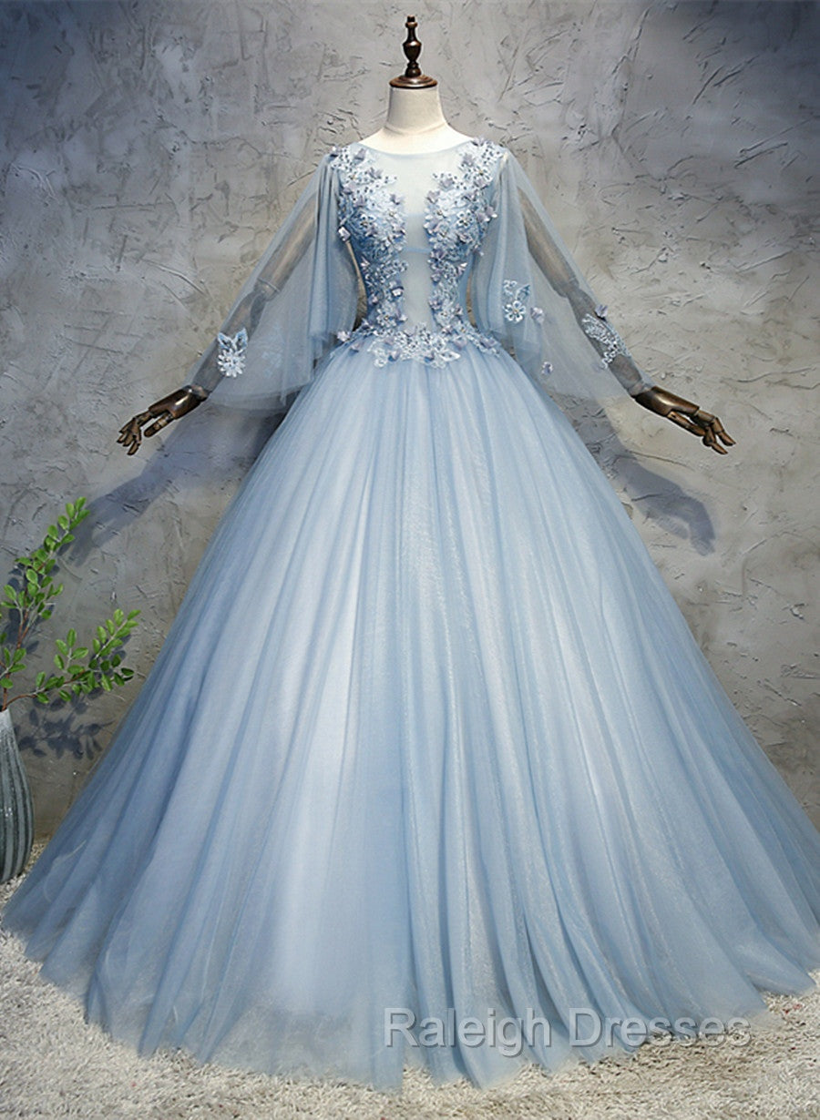 Blue-Grey Ball Gown Tulle Sweet 16 Dresses with Lace Long Prom Dresses Secondary image