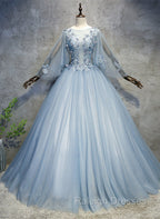 Blue-Grey Ball Gown Tulle Sweet 16 Dresses with Lace Long Prom Dresses