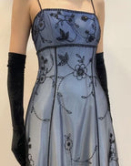 Blue/Grey Delicate Beaded Long Tulle Elegant Ball Gown Evening Dress Formal Birthday Party Dress Prom Dress