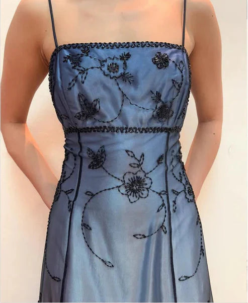 Blue/Grey Delicate Beaded Long Tulle Elegant Ball Gown Evening Dress Formal Birthday Party Dress Prom Dress