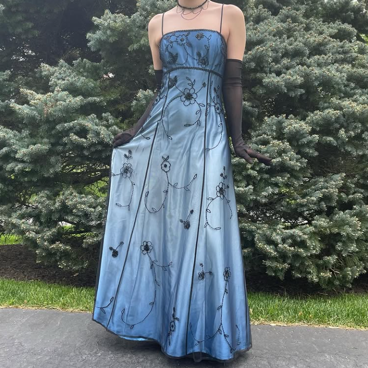 Blue/Grey Delicate Beaded Long Tulle Elegant Ball Gown Evening Dress Formal Birthday Party Dress Prom Dress