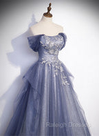 Blue-Grey Long A Line Off Shoulder Prom Dresses New A Line Prom Dresseses