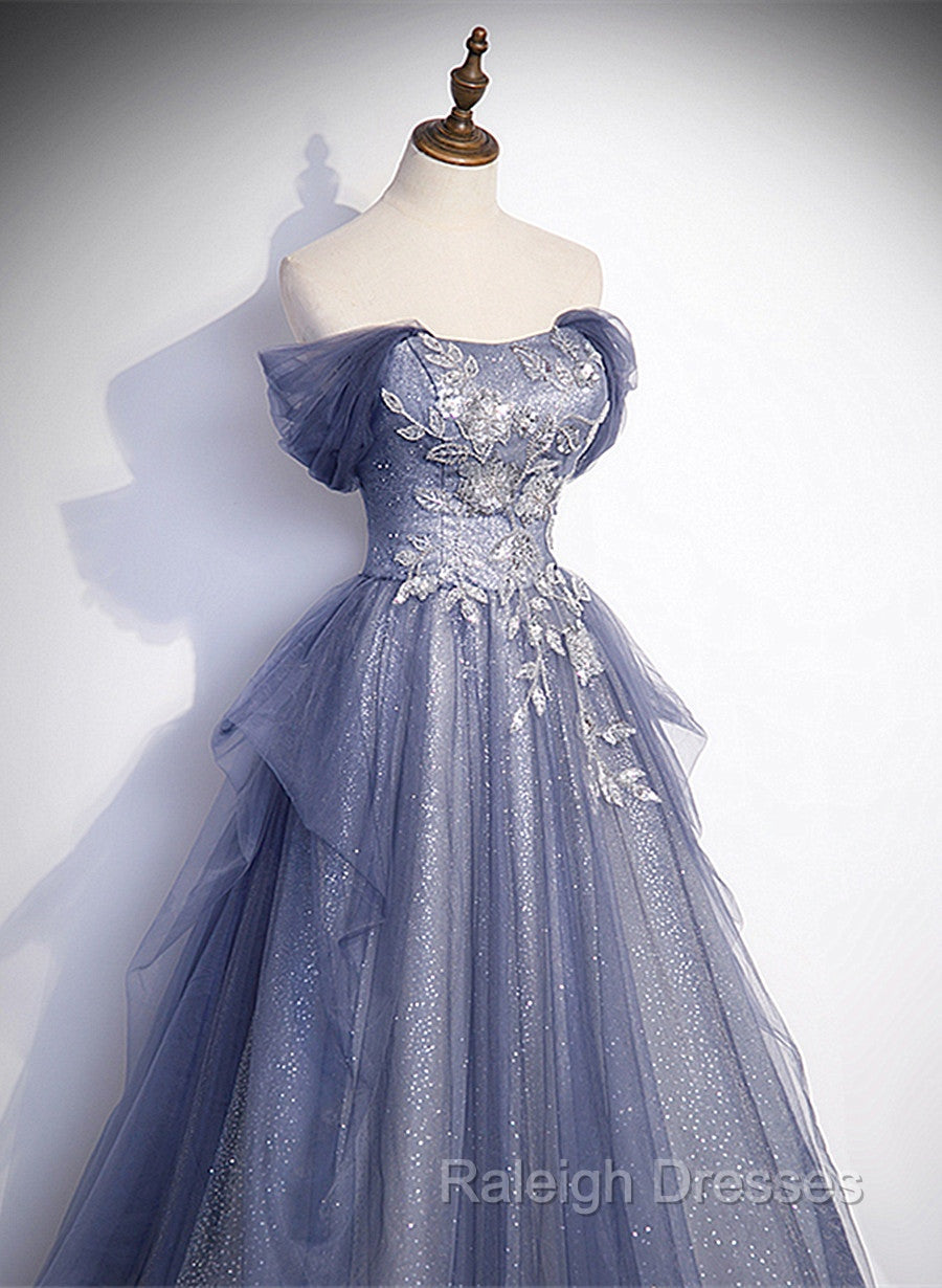 Blue-Grey Long A Line Off Shoulder Prom Dresses New A Line Prom Dresseses
