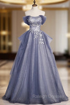 Blue-Grey Long A Line Off Shoulder Prom Dresses New A Line Prom Dresseses