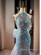 Blue Halter Beading Sequin Mermaid Prom Dresses With Detachable Bow