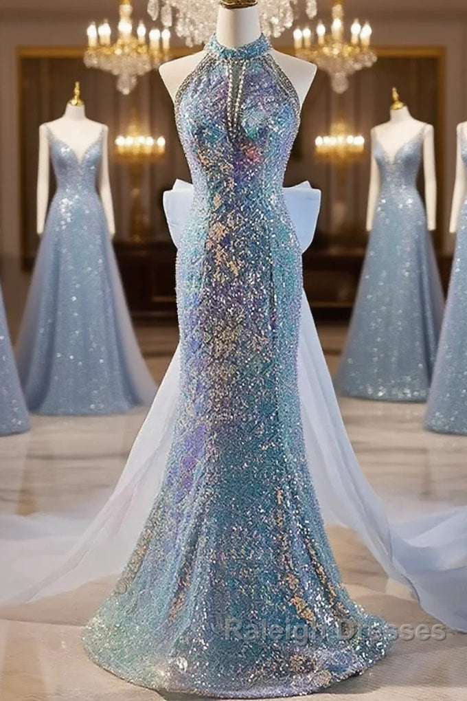 Blue Halter Beading Sequin Mermaid Prom Dresses With Detachable Bow Main image
