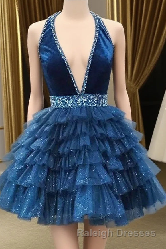 Blue Halter Multi-Layered Tulle Homecoming Dresses Main image