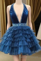 Blue Halter Multi-Layered Tulle Homecoming Dresses