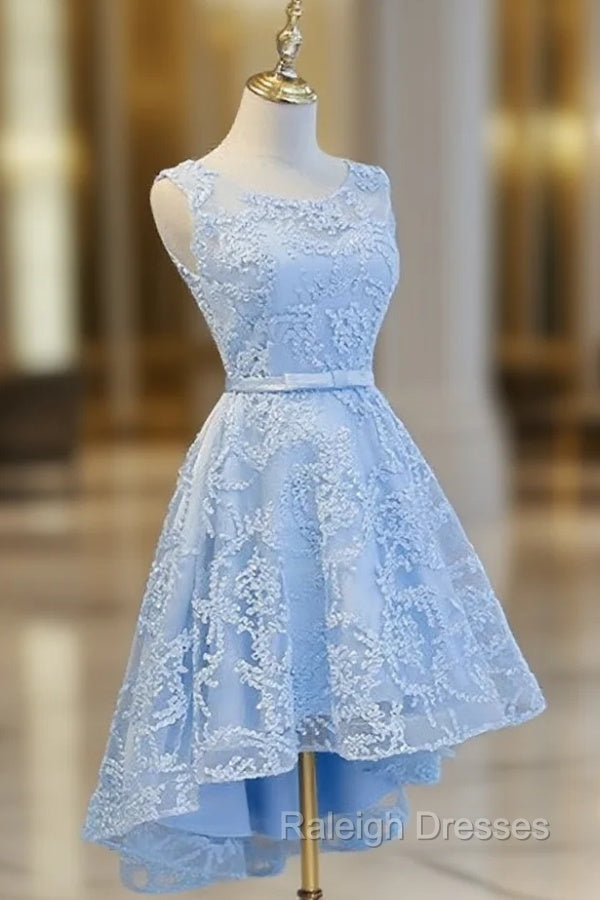 Blue High Low Lace Prom Dresses, Blue High Low Lace Graduation Homecoming Dresses