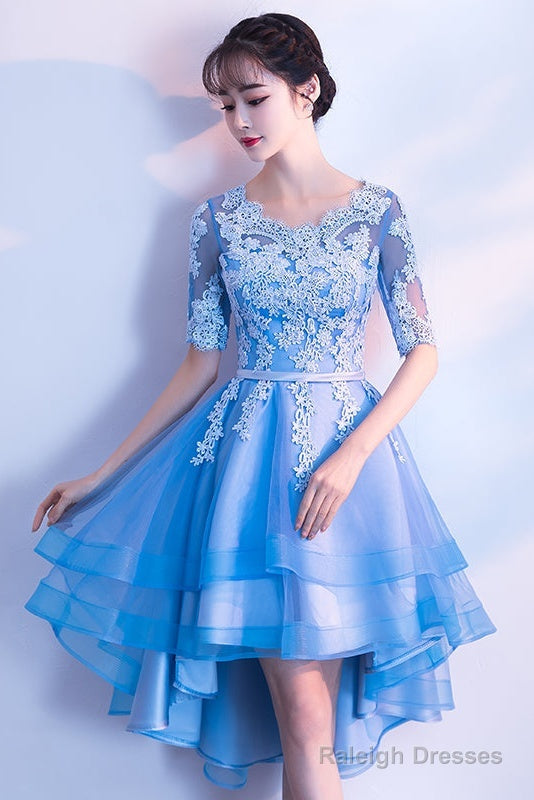 Blue High Low Tulle Party Dress , Cute Tulle Formal Dress With Lace Applique